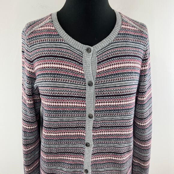 L.L. Bean Gray Red Striped Cotton Cashmere Button Down Cardigan Sweater Size M - Picture 2 of 10